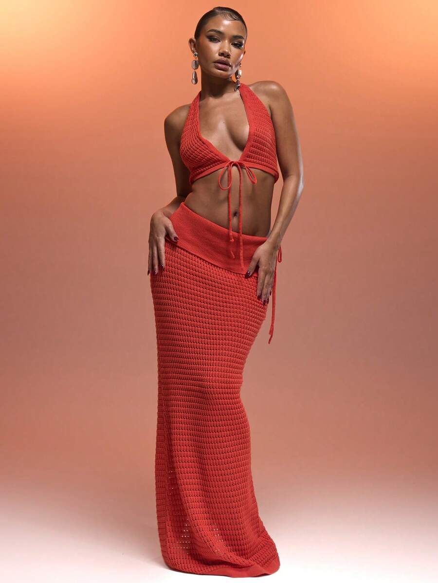 MUSERA 钩针编织翻边腰带细节修身长裙，夏季度假性感伊比沙岛风情，适合春季度假海滩女神夜间外出。 - 紅色 - 查看 1