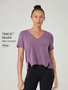 GLOWMODE Modal Silky Smooth Loose Fit Slit Hem V-Neck Tee T-Shirt Daily Casual Wear - Elderberry - View 1