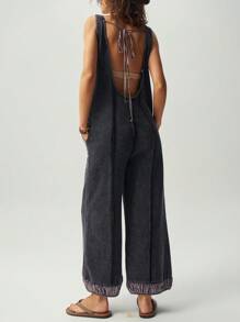 Bohemela 女式纯色针织宽松阔腿连体裤，度假风格 - 黑色 - 查看 3