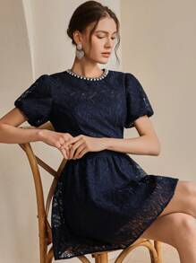 Anewsta 时尚优雅的女士蕾丝泡泡袖收腰珍珠装饰中长连衣裙，适合节日、外出、度假装、春夏季 - 寶藍色 - 查看 5