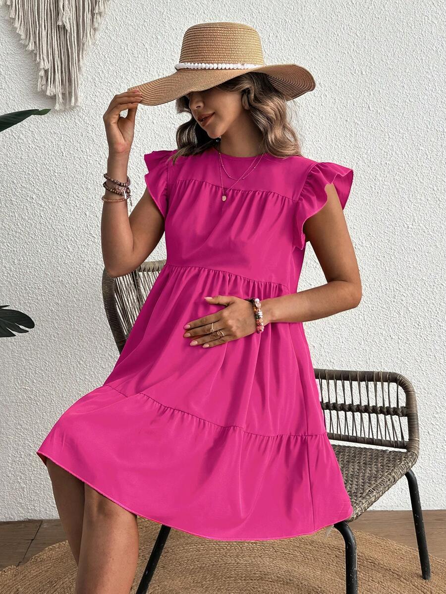 SHEIN Vestido casual de maternidad de unicolor con volantes en el bajo - Rosa Fucsia - Ver 1