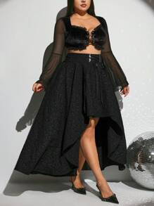 SHEIN ICON Plus Size Black Cinched Waist Front Short Backlong Drawstring Tie Skirt, Flounce Hemline, Retro Palace Punk Style Skirt - Black - View 6