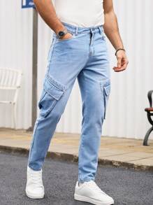 Manfinity Homme Men's Light Wash Denim Cargo Jeans: Zipper Detail Long Length Modern Style - Light Wash - View 6