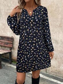 SHEIN LUNE 花卉印花女式短长袖迷你连衣裙 - 寶藍色 - 查看 5