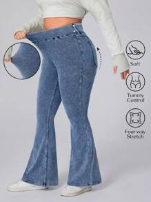 SHEIN CURVE+ 大码女式松紧腰喇叭休闲百搭牛仔裤 - 藍色 - 查看 1