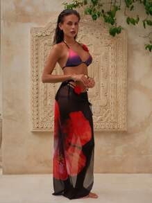 SHEIN Swim Summer Beach Outfits For Women, 3pcs/Set Including Floral Print Halter Neck Backless Top, Side Tie Bikini Bottom, And Side Slit Long Beach Skirt - Multicolor - View 3