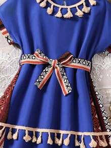 Ramadan Young Girls Casual Floral Print Long Sleeve Fringe Midi Princess Dress, Suitable For Spring, Autumn, Festivals And Parties, Summer Youth Girl Dress - Royal Blue - View 4