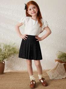 PrepCrw 年轻女孩宽松松紧腰百褶裙，编织黑色女学生风格，秋冬 - 黑色 - 查看 3