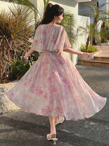 DAZY V-Neck Floral Print Ruffle Sleeve Mid-Calf Length Dress For Women,Fall Dress Long Sleeve Dress Vacation Outfits Women - Pink - View 2