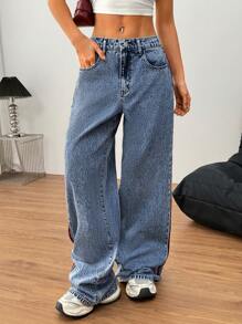 SHEIN Tall Women's Jeans Casual Fit Straight Trousers Blue Tall Women Baggy Low Rise Pants Summer For Spring - Medium Wash - View 2