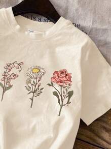 SHEIN Leap Crew Tween Girls' Casual Minimalist Short Sleeve Crew Neck T-Shirt, Suitable For Spring/Summer - Beige - View 4