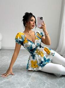 Elenzga Áo cánh tay ngắn thanh lịch cổ chữ V viền bèo nhún mới mùa xuân/hè 2025 - Nhiều màu - Xem 5