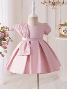 SHEIN Glamorique Kids Baby Girls' Rose Embroidered Satin High-Low Skirt Party Princess Dress, Elegant For Birthday, Banquet, Wedding Elegant Dresses For Baby Girls Party Dresses Baby - Pink - View 8