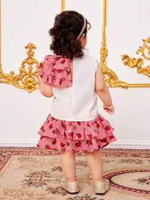 SHEIN Babygirl 夏季可爱荷叶边上衣和松紧腰裙 2 件套 - 粉色 - 查看 2