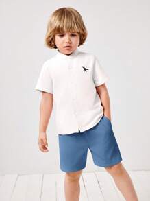 SHEIN Leap Crew 2pcs/Set Toddler Boy Plain Short Sleeve Shirt And Shorts Set, Simple And Fashionable, Suitable For Summer