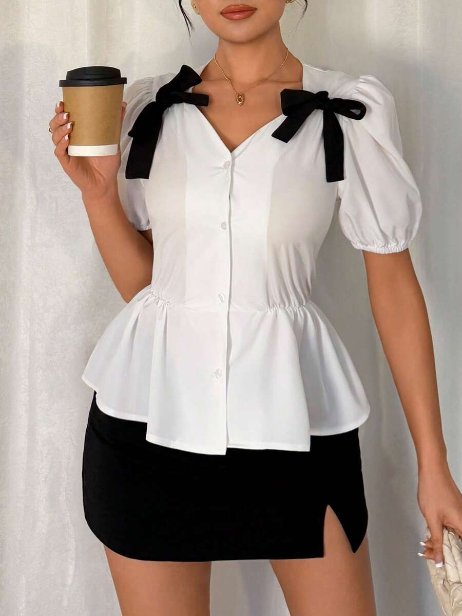 Gloray Women's Bowknot Shirt, Cute & Playful Daily Commuter Ruffle Trim Blouse - White - View 1