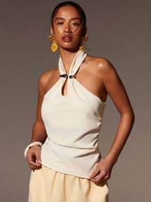 Athîral Elegant Sexy Solid Color Halter Metal Hardwear Backless Top - White - View 4