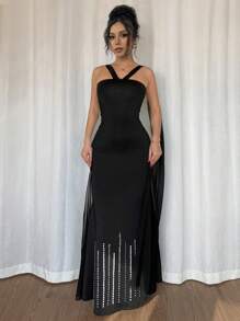SHEIN Unity 女式串珠美人鱼尾巴喇叭下摆长裙 - 黑色 - 查看 5