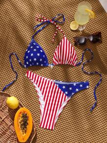 Swim Vcay 7 月 4 日庆典 - 女式露背比基尼套装，印有美国国旗，适合夏季海滩度假 - 彩色 - 查看 3