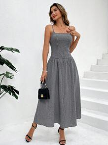 SHEIN Clasi 女士 V 领无袖褶皱褶褶美人鱼连衣裙，优雅紧身春夏 - 棕色 - 查看 4