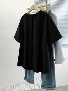 SHEIN LUNE Women's Elegant Commuter Casual Minimalist Versatile Bestselling V Neck Textured Short Sleeve Shirt, Black, Plus Size, Suitable For Spring, Summer, Autumn - Black - View 2