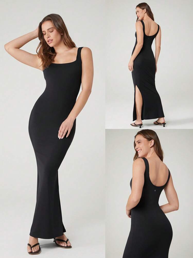 Vestido de corte ceñido y silueta estilizada con abertura lateral alta, de modal liso y sedoso, para uso diario y casual, con copas desmontables