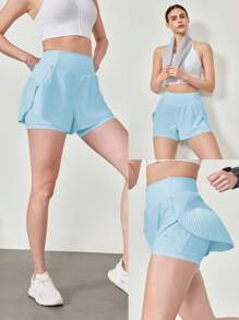 GLOWMODE 3" VitalSwift Speedwork Quick-Dry High-Rise Waist Pleated Skirt Style Running Shorts With Side Zip Pockets Built-In Shorts Medium Impact Running Jogging Training Gym Workout - Baby Blue - View 9