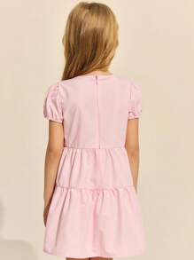 SHEIN Váy tay bồng ngắn trang trí nơ hồng thanh lịch cho bé gái, Xuân/Hè - Hồng - Xem 2