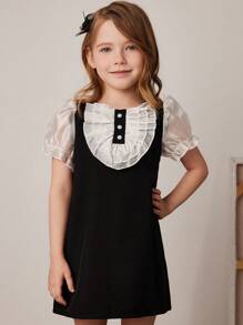 PrepCrw Young Girls' Contrast Color A-Line Chiffon Dress With Puff Sleeves, For Spring/Summer - Black and White - View 5