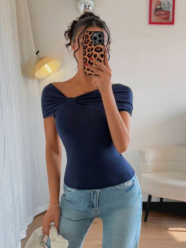Islaluna French Elegant T-Shirt For Women Summer, New Unique Bowknot Off Shoulder Short Sleeve Top French Asymmetrical Open Shoulder Short Sleeve Blouse Women Summer New Slim Fit Stylish Tee