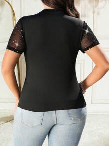 Celure Mesh Splice Sequin Knit Short Sleeve Elegant Loose Plus Size Women Top - Black - View 2