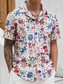 Manfinity Roghcode Men's Casual Daily Wear For Beach Vacations, Featuring A Classic Playful Illustration Design With Digital Prints Of Cute Cartoons Including Rabbits, Kittens, Puppies, Teddy Bears, Dolls, Coconut Trees, Hearts, Stars, And Flowers On A Relaxed Short-Sleeve Shirt, Cartoon Vacation Shirts - Multicolor - View 2