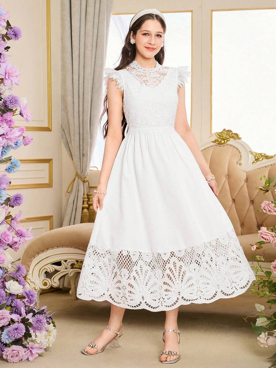 Elegante Vestido de Verão Branco de Renda com Babados e Mangas Curtas para Adolescentes, Vestido Longo Branco Gracioso e Adequado para Festa, Encontro, Passeio - Branco - Visão 1