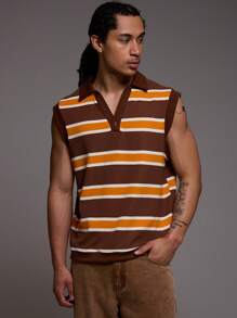 Musero Polo sin mangas con botones y paneles de contraste a rayas para primavera y verano - Marrón - Ver 1