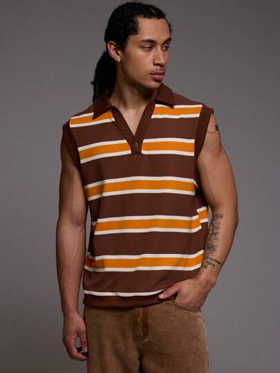 Musero 撞色拼接条纹无袖纽扣 Polo 衫 春夏款