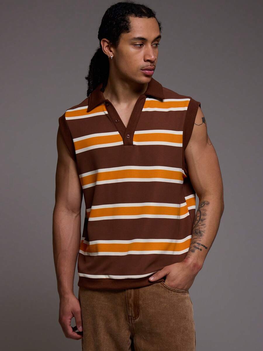 Musero Polo sin mangas con botones y paneles de contraste a rayas para primavera y verano - Marrón - Ver 1