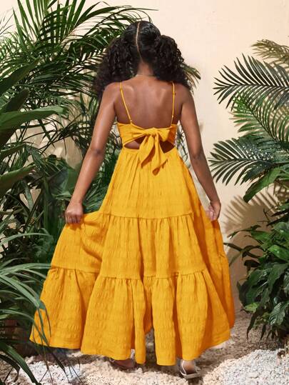 SHEIN 青少年女孩度假休闲纯色荷叶边蝴蝶结后背连衣裙