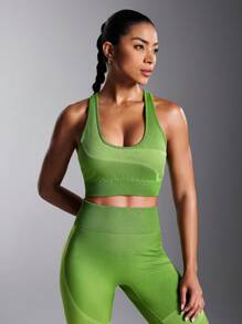 Powerista Women's Ribbed Exercise Patchwork Sports Bra With Deep U Neck - Green - View 6