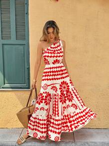 Breezaya Floral Print Asymmetric Collar Dress Maxi Vacation Beach Outfits Women