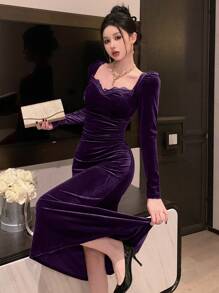 DAZY Đầm tay bồng phối ren cổ tim cho nữ, trang trọng, thanh lịch cho mùa thu đông trở lại trường - Màu tím - Xem 7