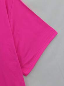 SHEIN EZwear 女士标语印花圆领短袖短款休闲 T 恤图案 T 恤女式上衣 - 玫紅色 - 查看 3