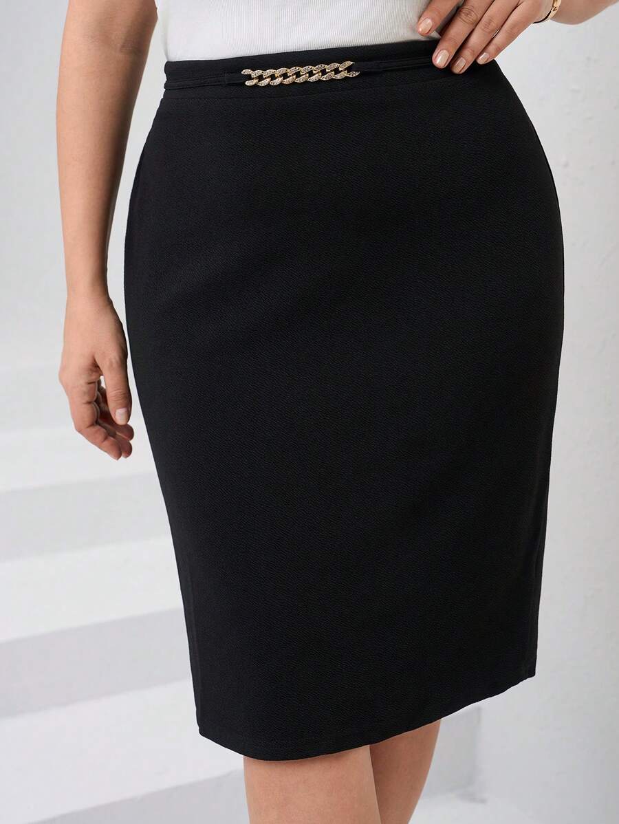 Chikora Plus Chain Detail Straight Skirt,Office Outfits For Women - Black - View 1