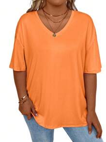EMERY ROSE Plus Size Solid Color Casual Loose T-Shirt - Burnt Orange - View 3