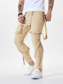 Manfinity Homme Jeans personalizados de hombre con estilo urbano, unicolor, bolsillo decorado con hebilla metálica y detalle de cordón - Caqui - Ver 4