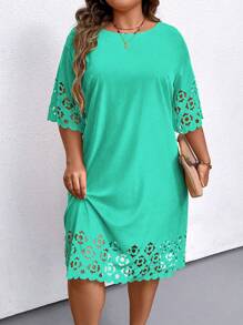 EMERY ROSE Đầm suông thường ngày cổ tròn họa tiết hoa màu trơn cỡ lớn cho nữ tay 3/4 khoét sâu - Màu xanh bạc hà - Xem 3