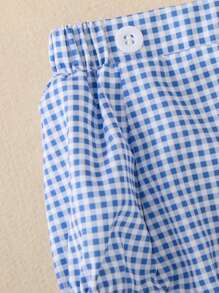 SHEIN Shorts pour bébés filles, style coréen décontracté, mignons à carreaux bleus avec décoration de boutons, convenant à diverses occasions, été