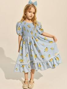 SHEIN Young Girls Floral Print Ruffled Puff Sleeve A-Line Dress, Blue Background, Elegant & , Spring/Summer