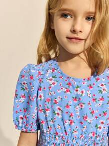 SHEIN Young Girls Light Blue Background White & Pink Floral Green Leaves Print Round Neck Woven Dress, Spring/Summer - Multicolor - View 7