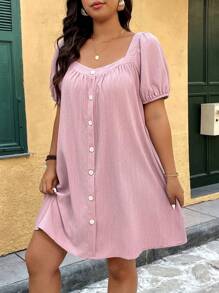 Breezaya Plus Size Women Woven Vacation Short Sleeve Lotus Root Pink Dress With Decorative Button - Dusty Pink - View 3