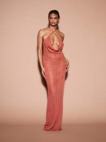 KIZN Lurex Knit Halter Neck Evening Gown Pleated Metallic Floor Length Special Occasion Party Dress With Cowl Neck Glitter Sparkle Formal Wear - Brown - View 1